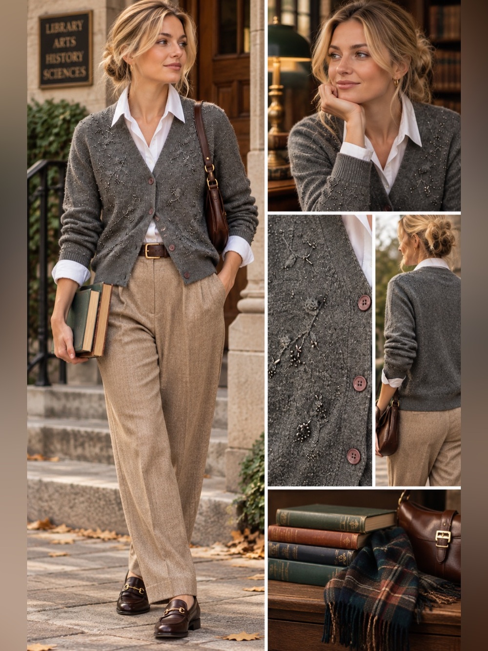 Jessica Gray Beaded Cardigan with Tan Trousers